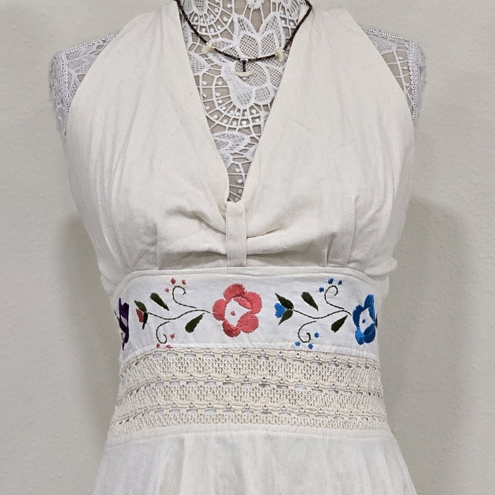 1970's Hippie Inspired Festival Floral Embroidered Halter Dress